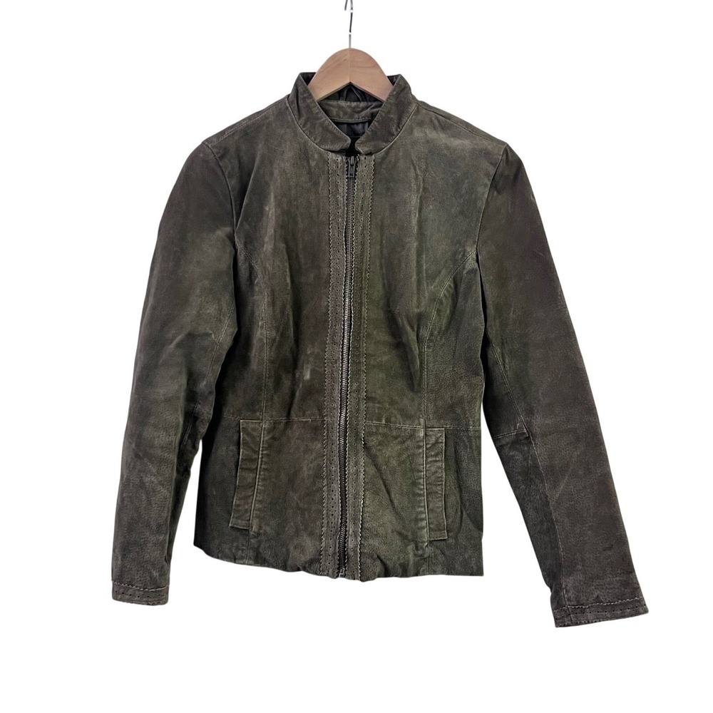 Wilsons Leather Suede Jacket Womens M Olive‎ Green Moto Biker Perforated Zip